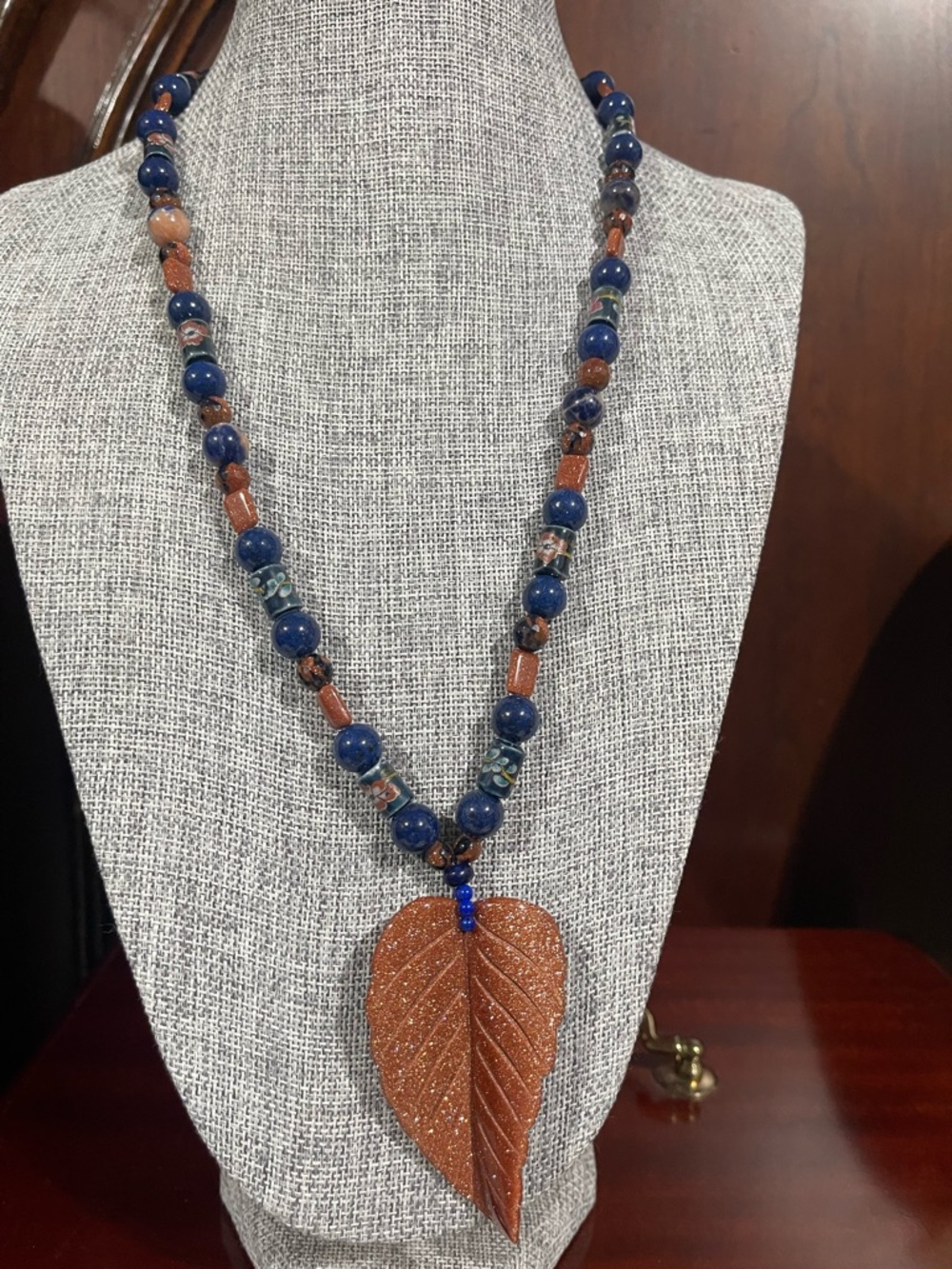 Handmade Blue and Brown Leaf Pendant Necklace